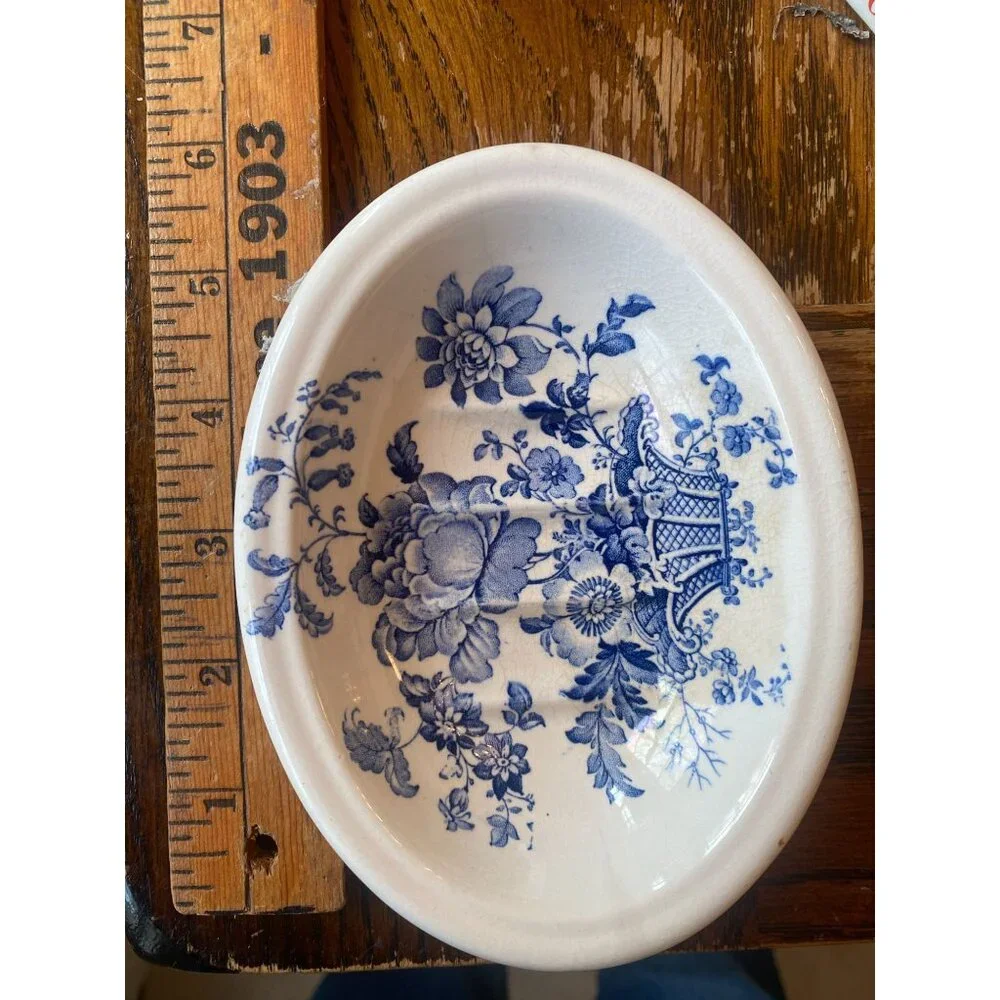 Antique Charlotte Royal Crownford Ironstone England Blue Floral Oval Dish 6" x 4 - Picture 3 of 6